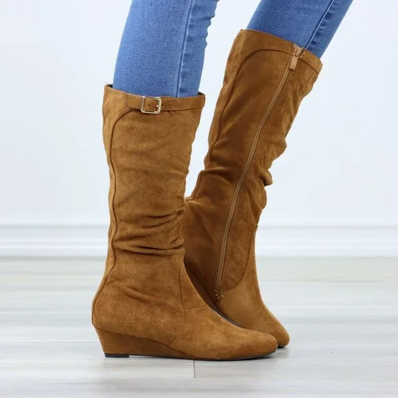 Tan Faux Suede Round Toe Low Kitten Wedge Heel Mid Calf Boots - Picture 3 of 12